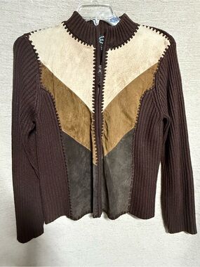 Chocolate Ribbed Zip-Front Cardigan with Suede Panels